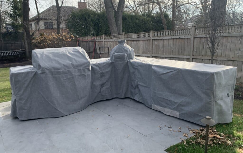 Custom L Shaped Grill Island Cover With Big Green Egg