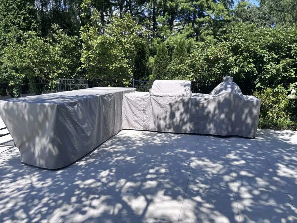 Custom L Shaped Split Level Grill Island Cover with Kamado Grill