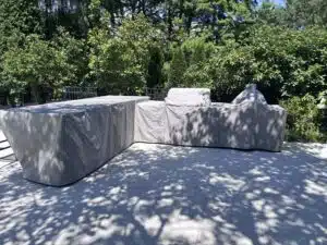 Custom L Shaped Split Level Grill Island Cover with Kamado Grill