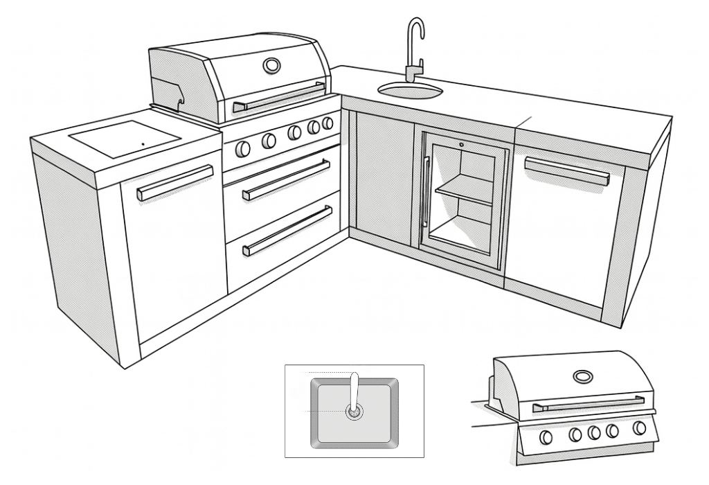 L Shape Island Grill Left Hood Right Faucet 3D Diagram