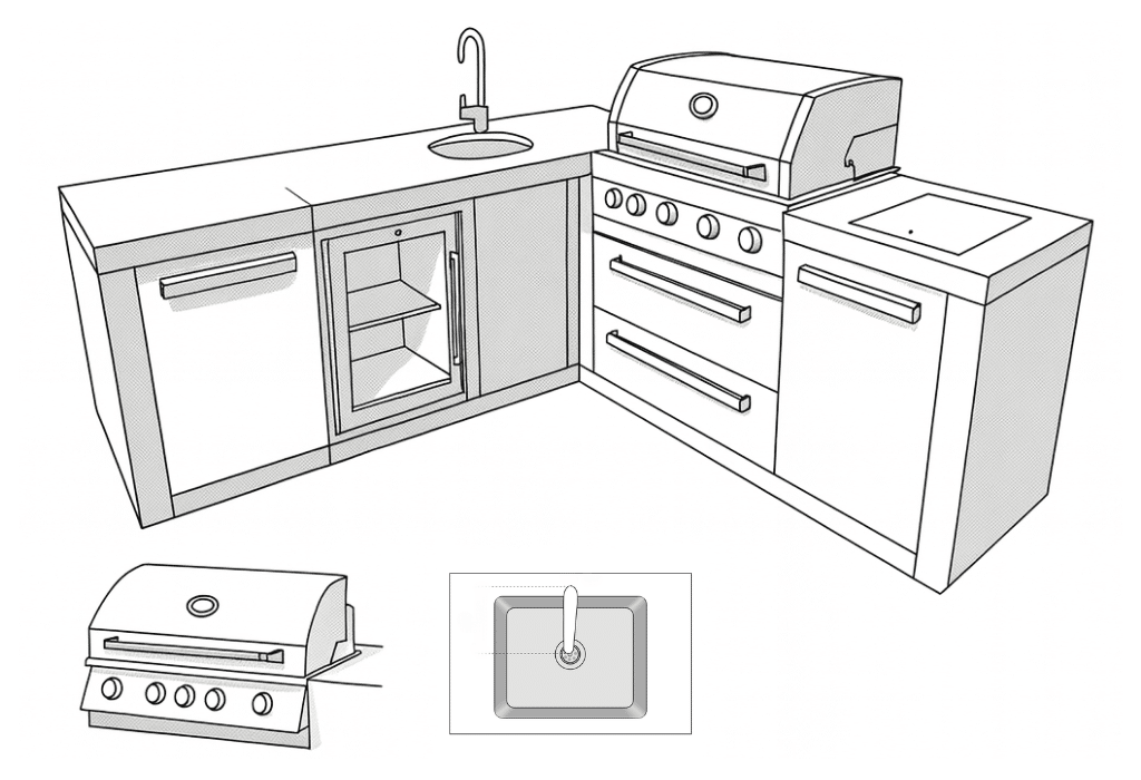 L Shape Island Grill Right Hood Left Faucet 3D Diagram