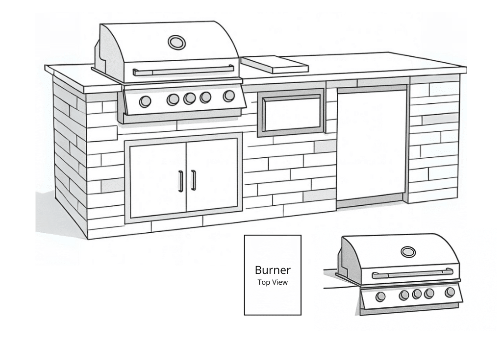 Rectangle Island Grill Left Hood Right Burner 3D Diagram