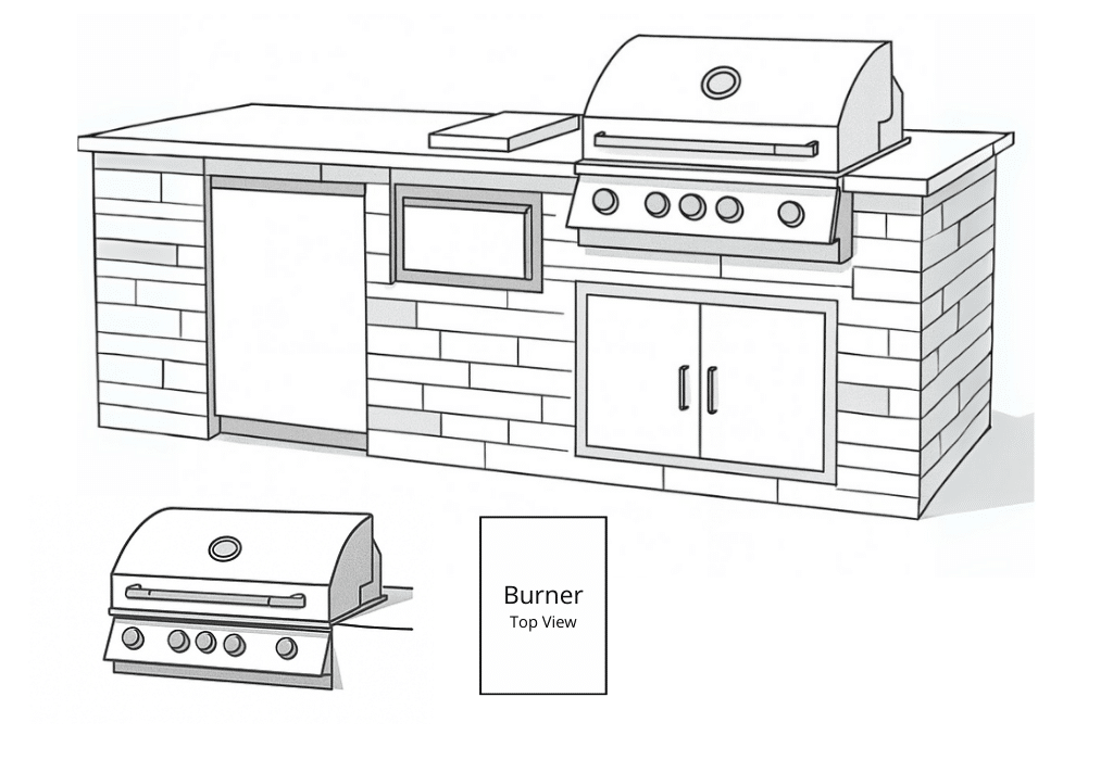 Rectangle Island Grill Right Hood Left Burner 3D Diagram